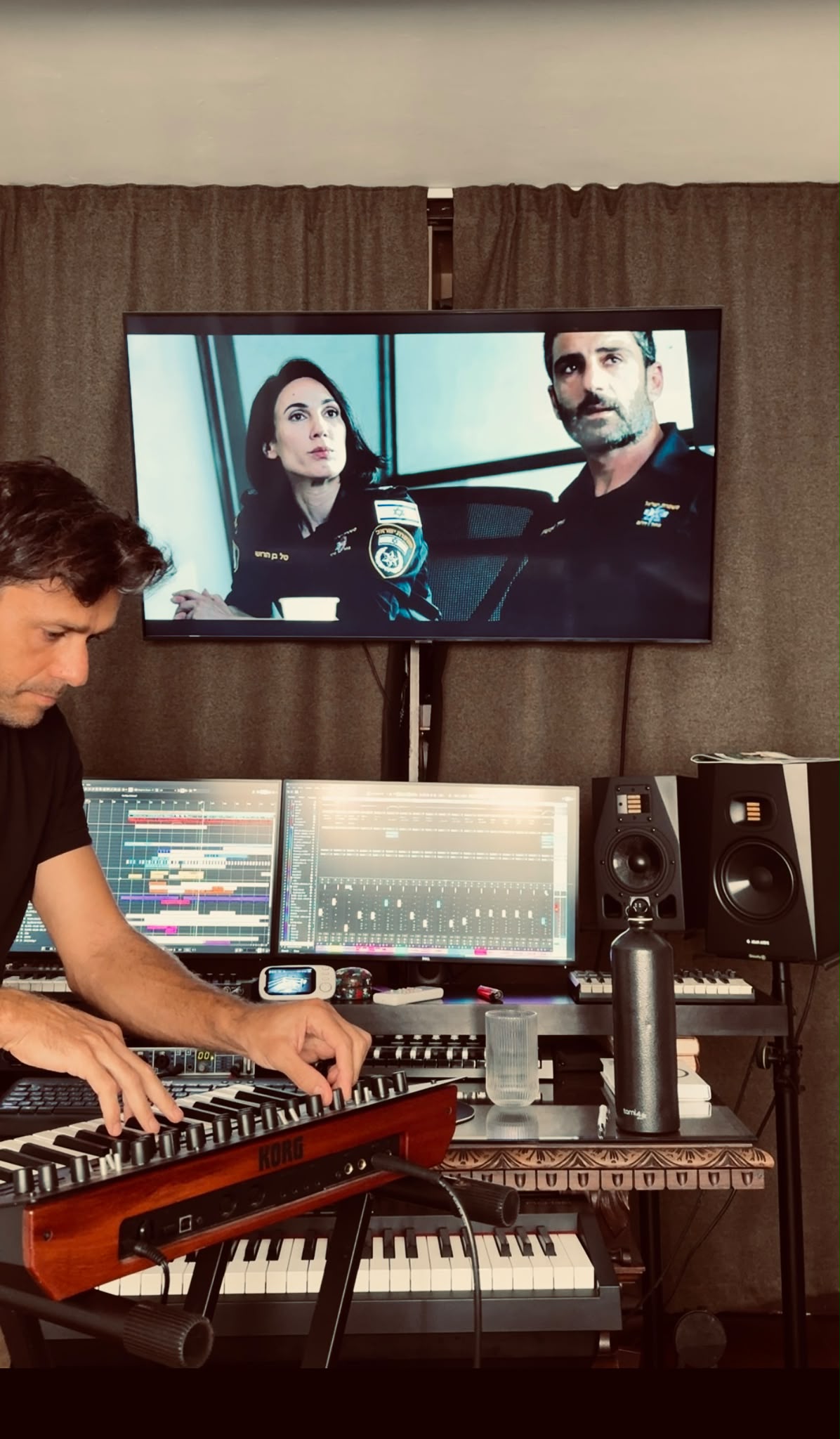 Gal Lev shaping synthesizer textures at his studio desk